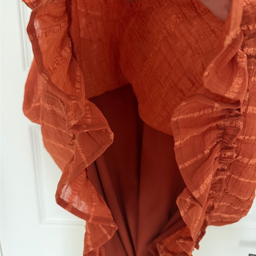FAVLUX Terracotta Rust Textured Ribboned Ruffle Dress Size L - Picture 5 of 8
